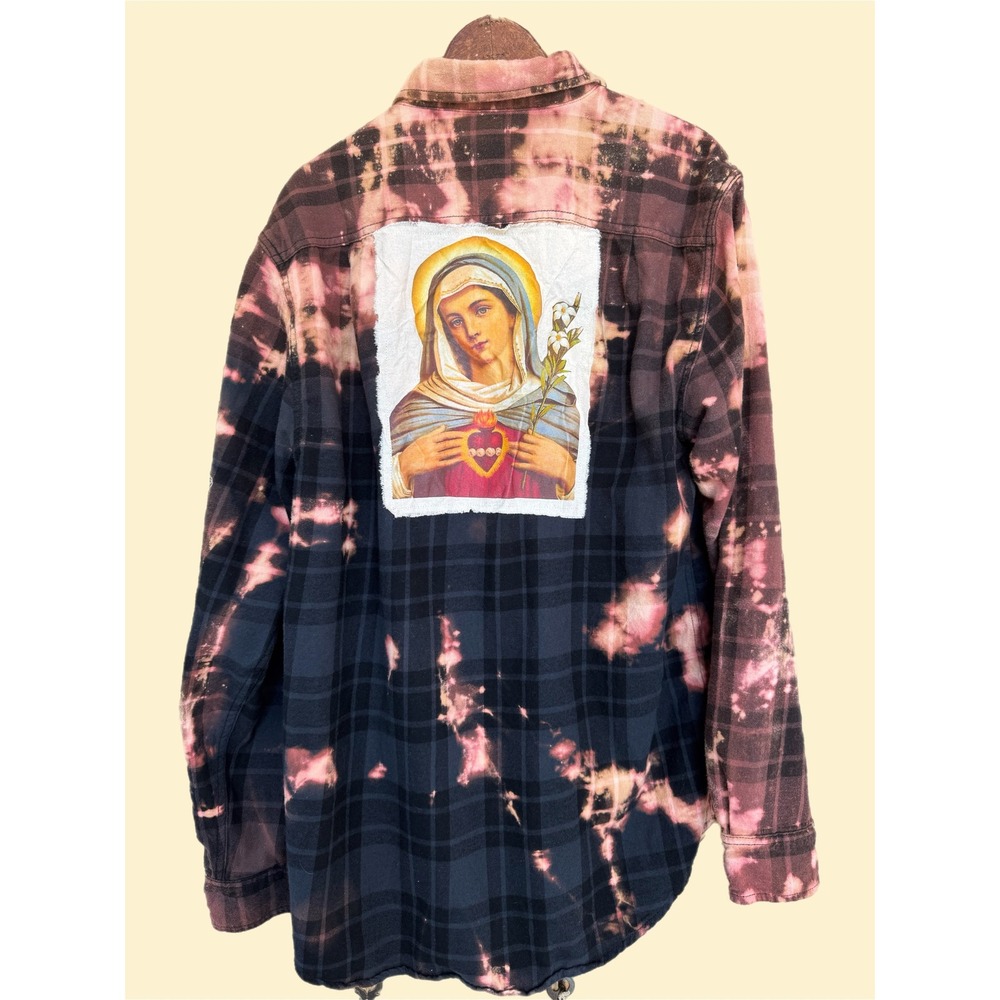 One-of-a-Kind Sacred Heart Mary Bleached Flannel Shirt Wearable Art | Large Tall - Picture 5 of 9